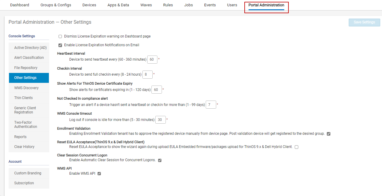 Portal Administration tab in Dell Management Portal