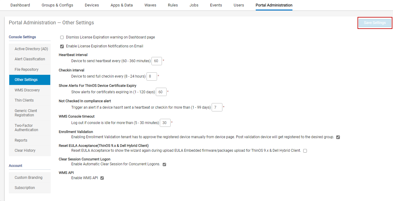 Save settings button in other settings page