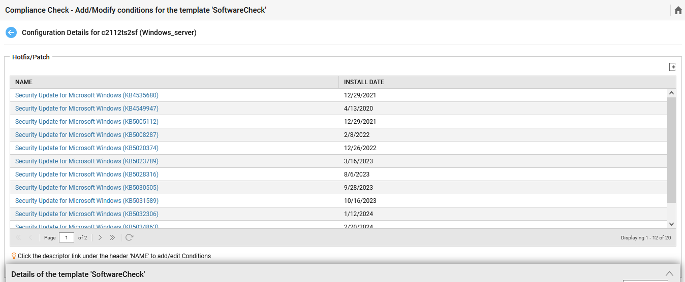 Configuration details for selected test
