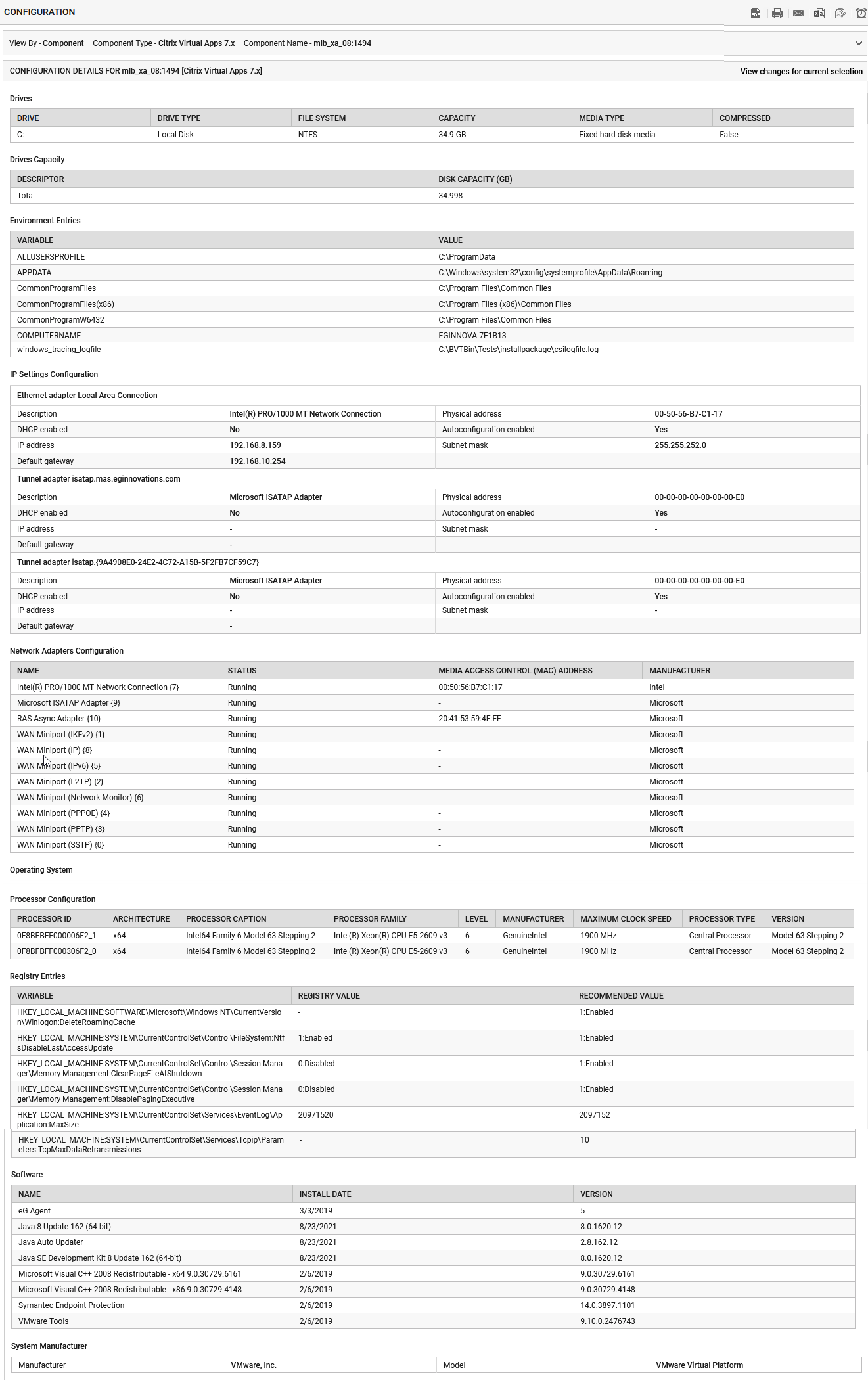 Current configurations details of specific component