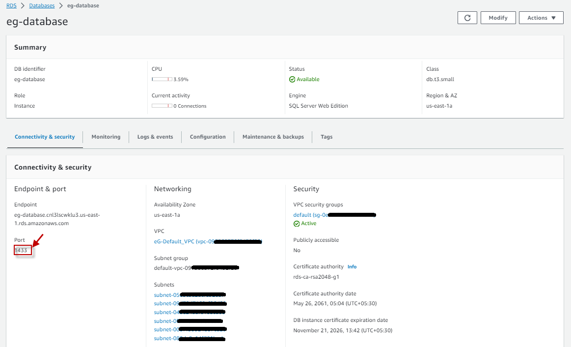 Identifying  port number of Amazon RDS instance