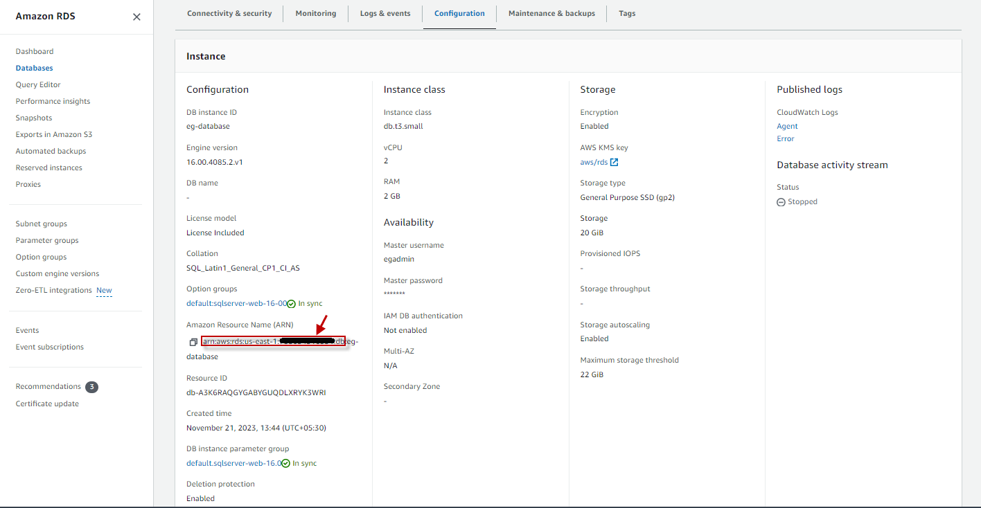 Identification of host name for Amazon RDS instance from ARN