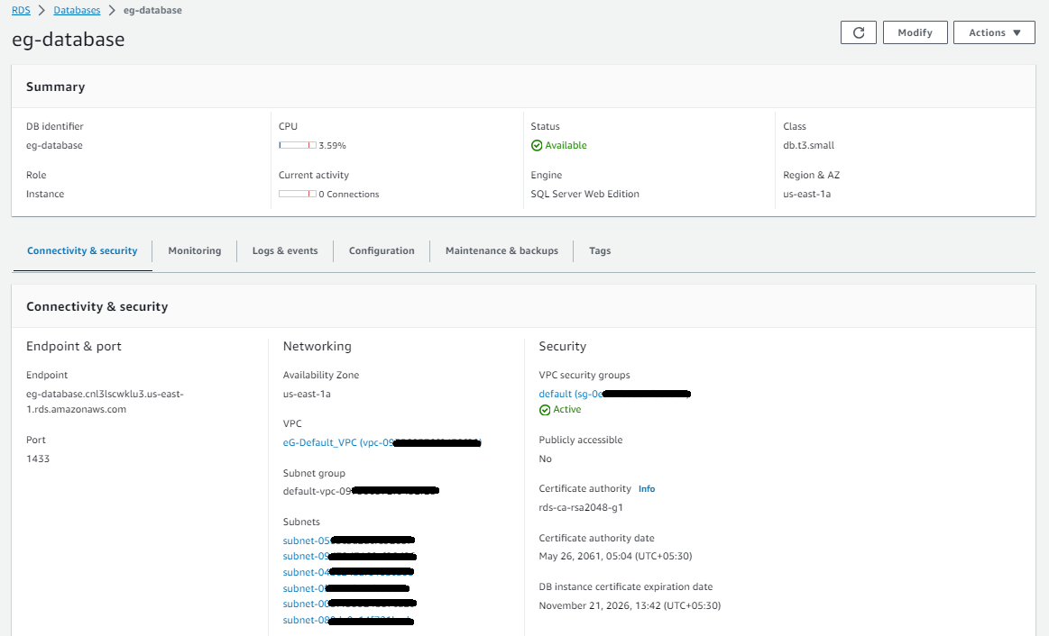  Details of Amazon RDS instance that hosts eG database