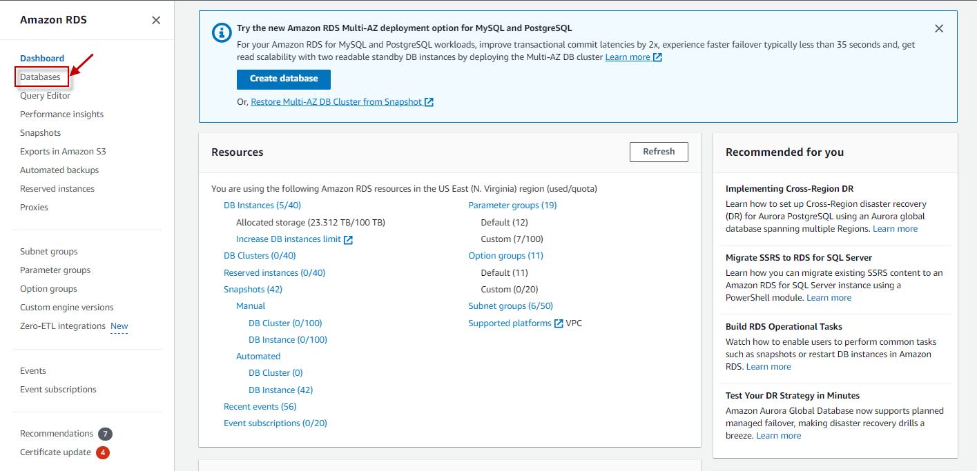 Selection of Databases option from left panel of RDS Dashboard