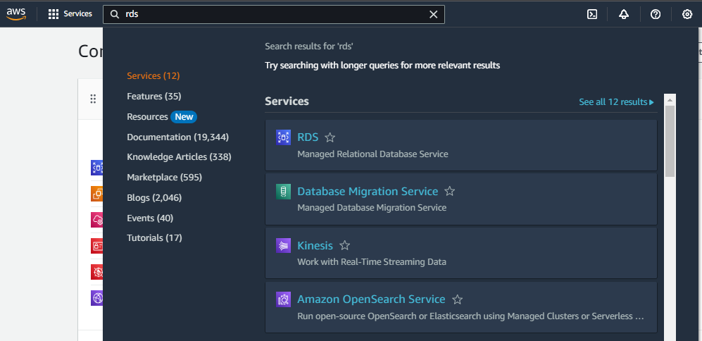 User search on Amazon RDS service
