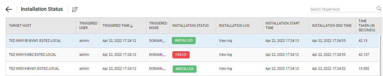 Current status of agent installation for the selected computers