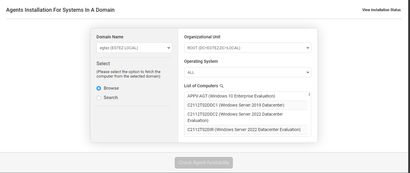 Selection of Organizational Unit containing target hosts
