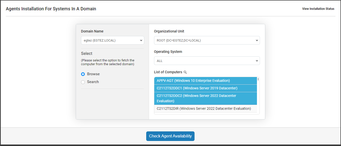 Selection of computers in Agent installation for systems in Domain page