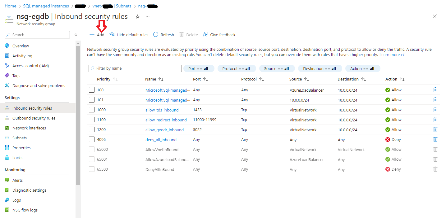 Add link option for adding new security rule