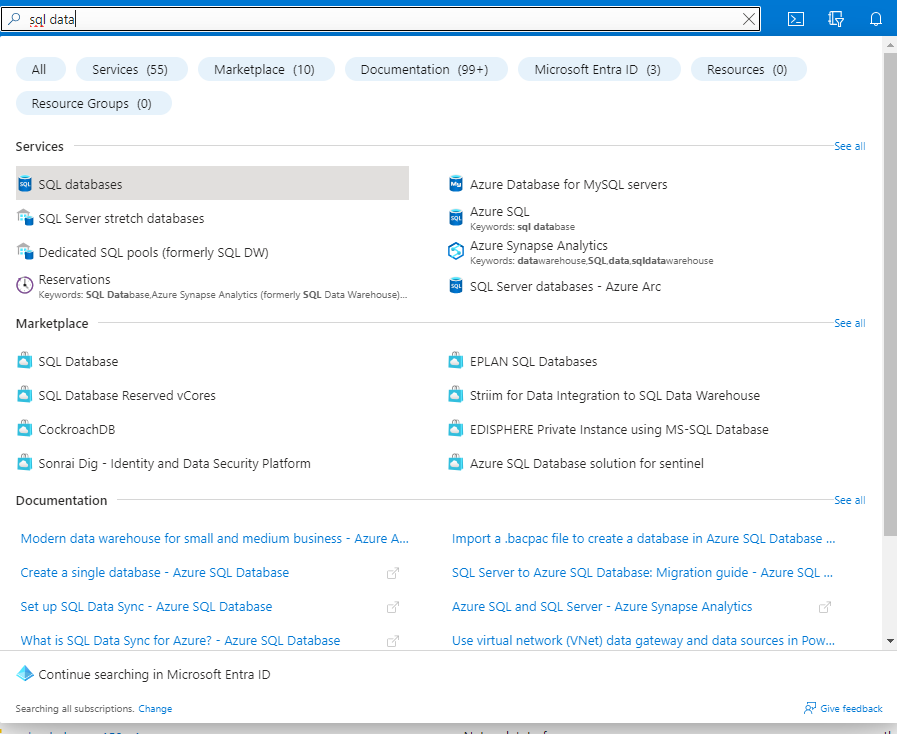 Selection of SQL databases option