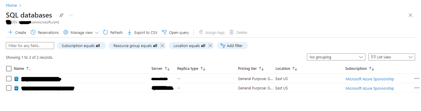 Listing of Azure SQL databases