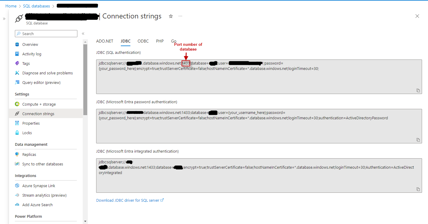 Identification of port number for Azure SQL database