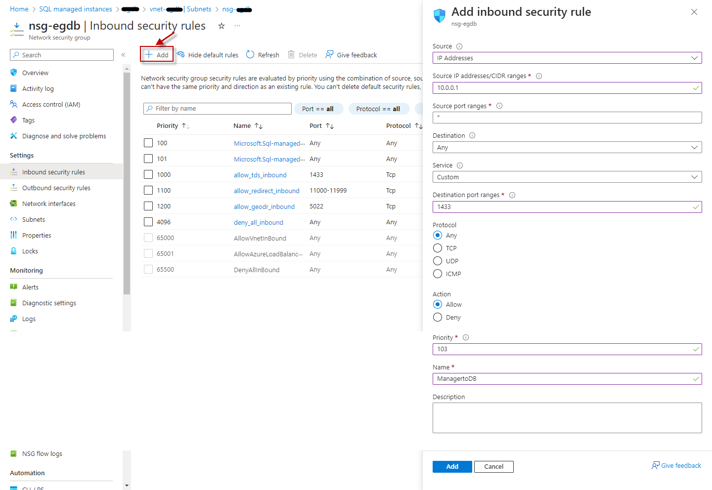 Adding new inbound security rule