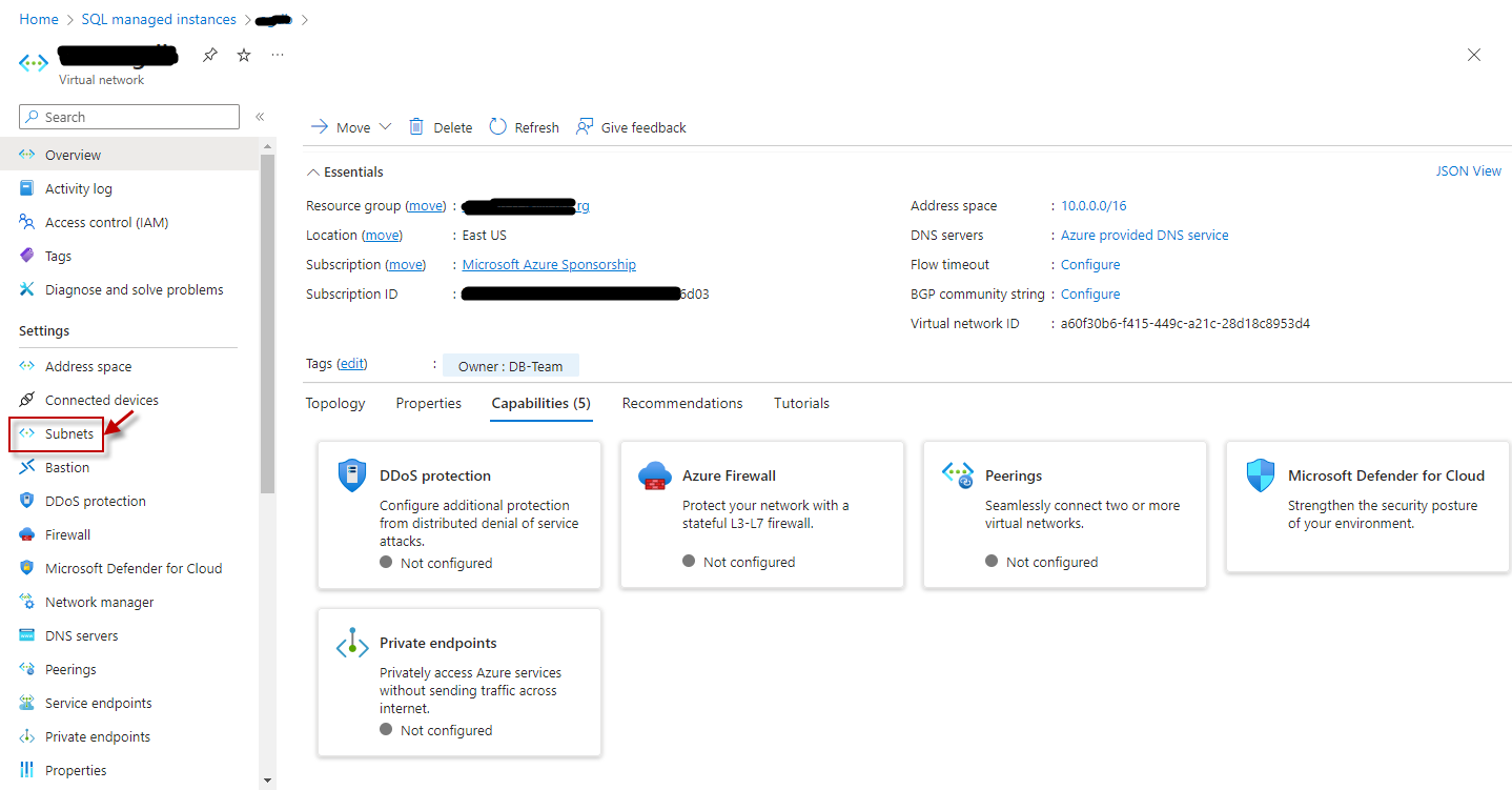 Selection of Subnets option in left panel