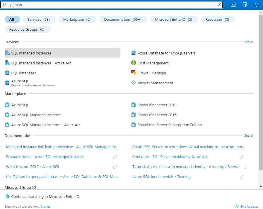 Selection of SQL Managed Instances option