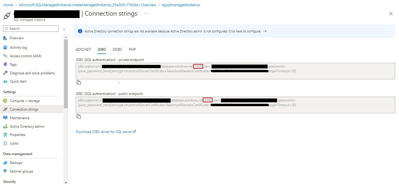 Identification of port number for SQL managed instance