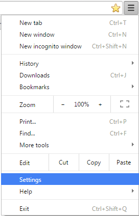 Selection of Settings option from Chrome menu