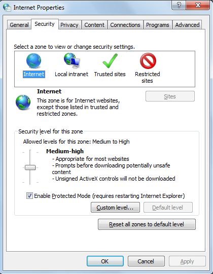 Changing security level of Internet zone in Internet Properties window