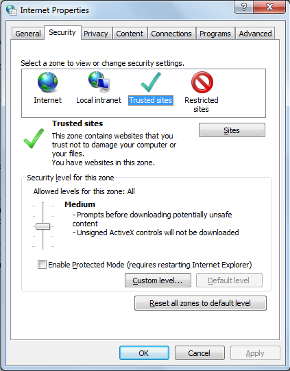 Changing security settings of trusted sites zone in Internet Properties window