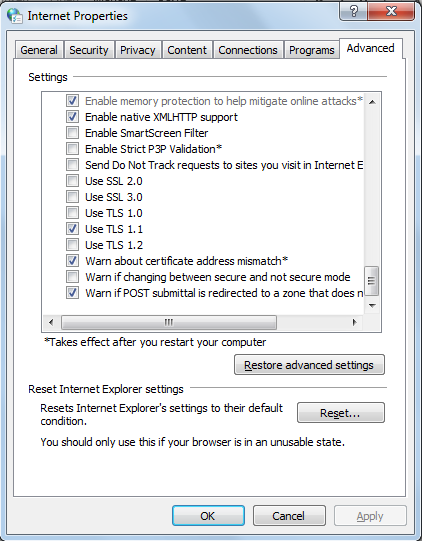 Enabling TLS and disabling SSL options in Internet Properties window