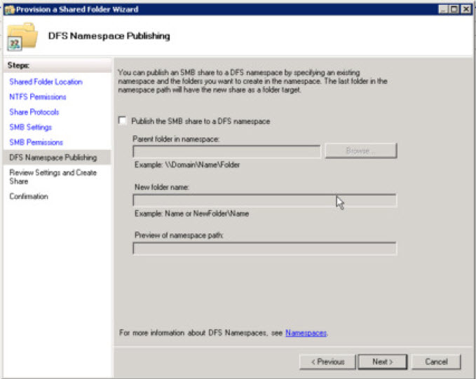Acceptance of default settings in DFS Namespace Publishing section