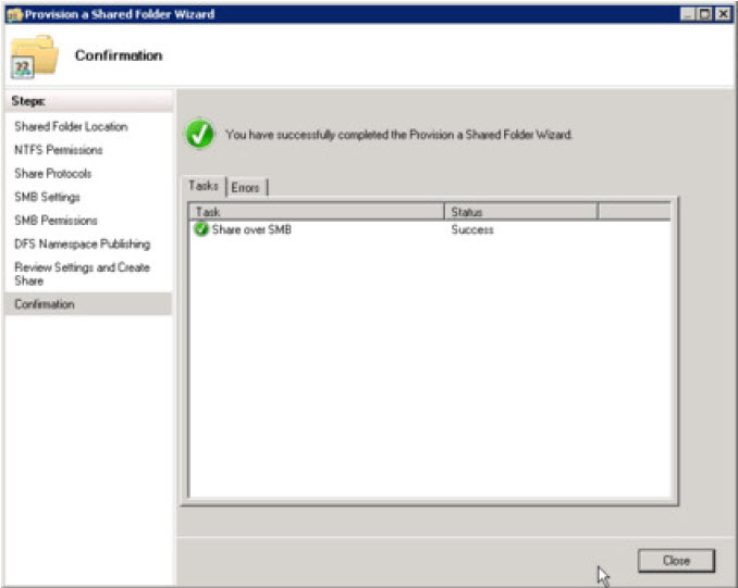 Message representing successful creation of file share
