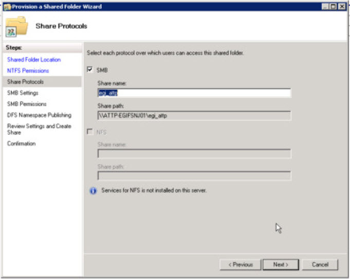 Acceptance of default settings in Share Protocols section