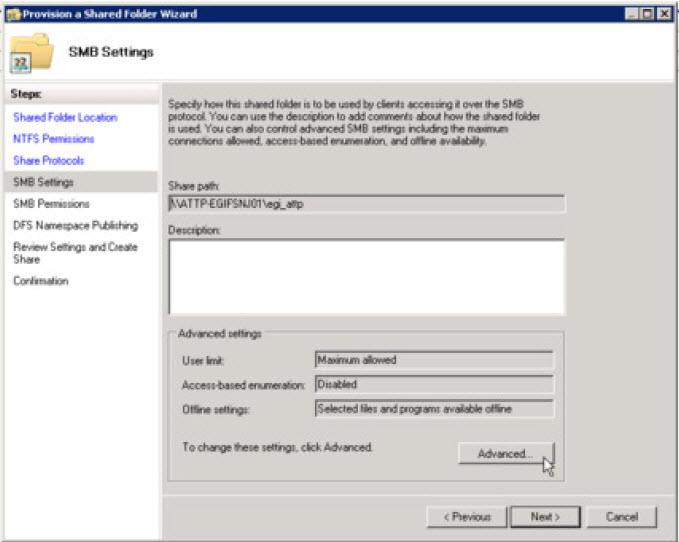 Acceptance of default settings in SMB Settings section
