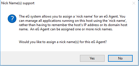 Wizard requesting user’s confirmation on assigning nick name for eG agent