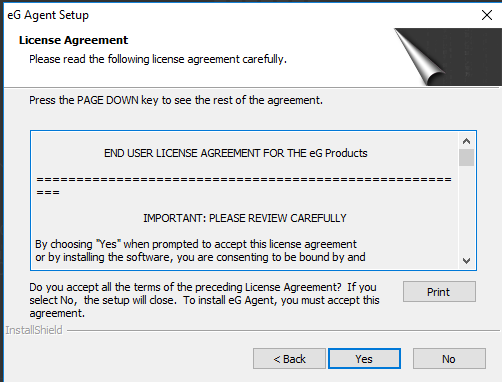 License agreement window for eG Agent