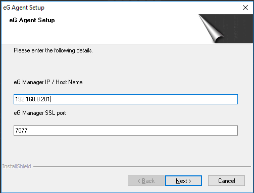 Specification of IP/hostname and SSL port for eG Manager
