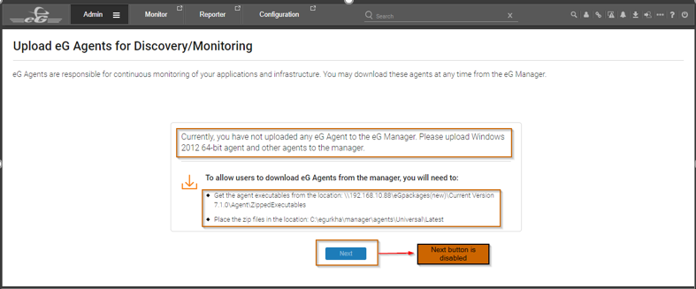 Message indicating that no agents have been uploaded to eG manager