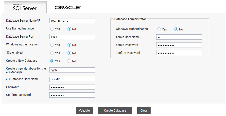 Specification of special database user credentials when SQL Server Authentication is enabled