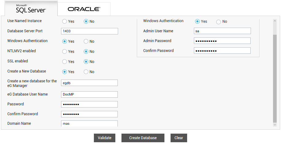 Specification of special database user credentials when Windows Authentication is enabled