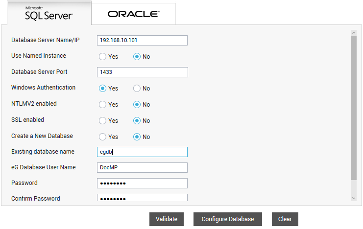 Existing database usage on Microsoft SQL server as eG database