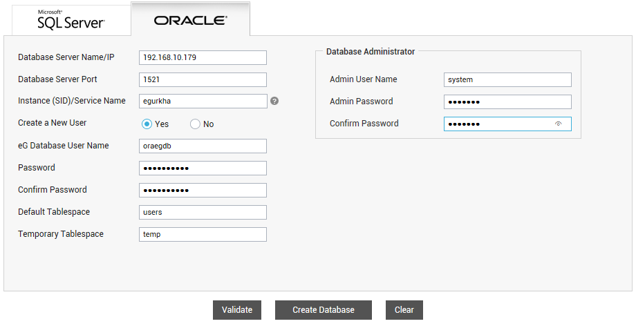 Configuration of eG database on Oracle database server