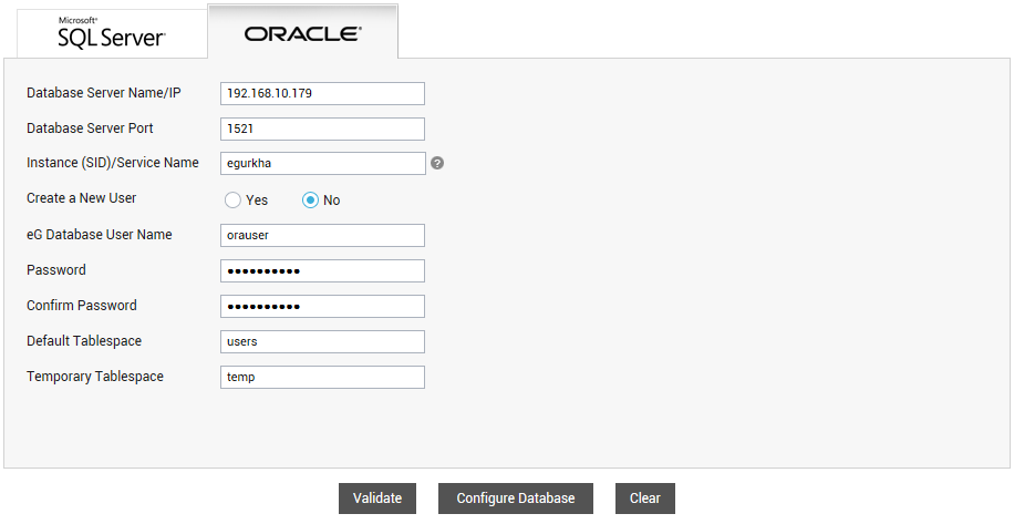 Configuration of existing database user account for eG manager