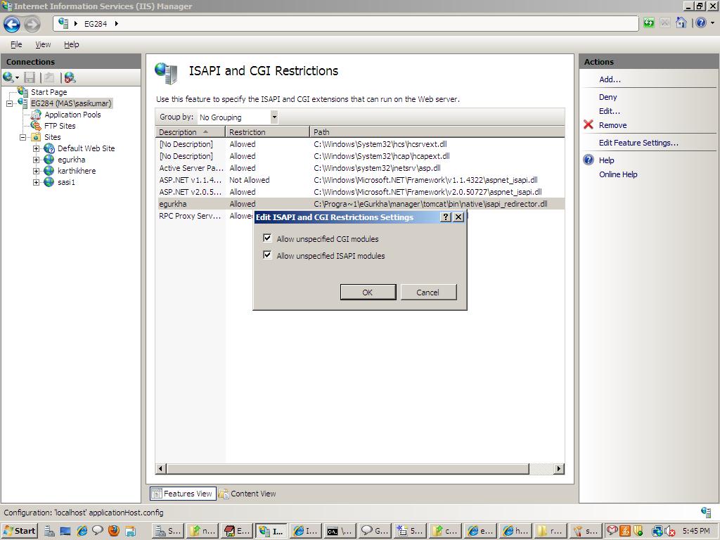 ISAPI and CGI restrictions from egurkha extension