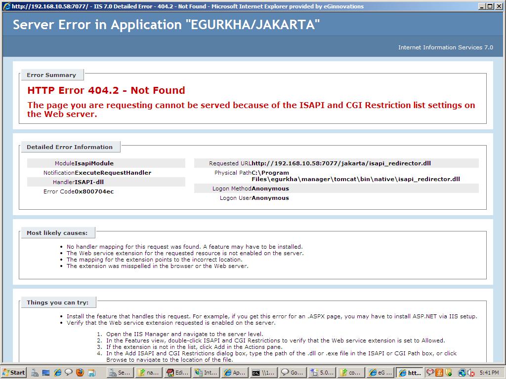 Message indicating server error in application