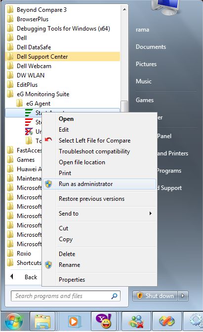 Starting eG agent on Windows 2008