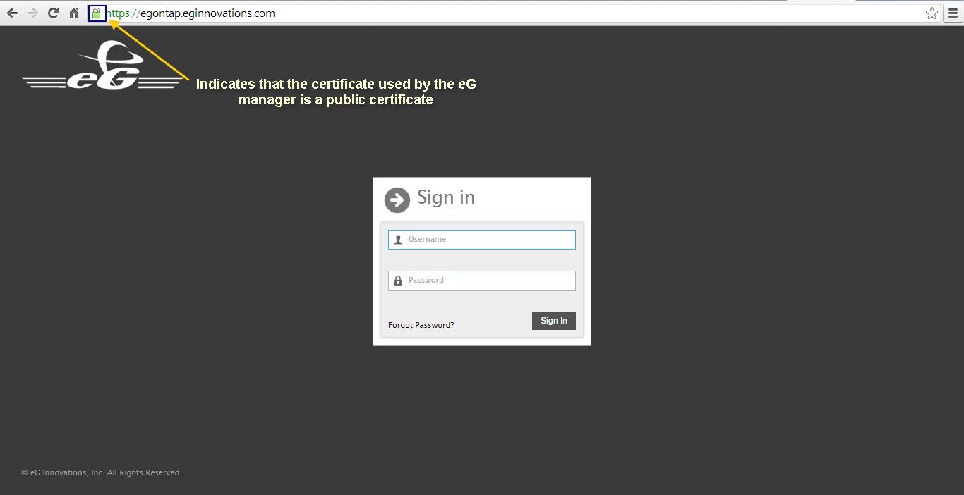 Lock icon in address bar indicating SSL certificate used by eG manager is public certificate
