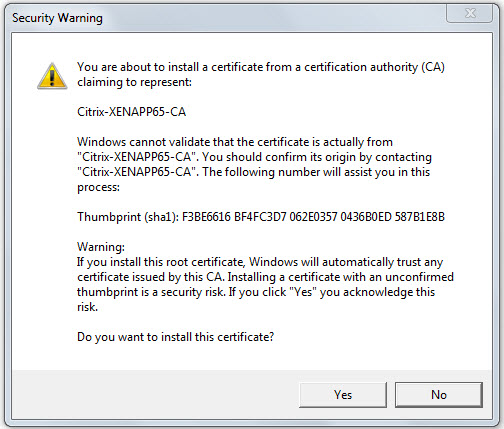 Warning alert when importing certificate issued by internal CA