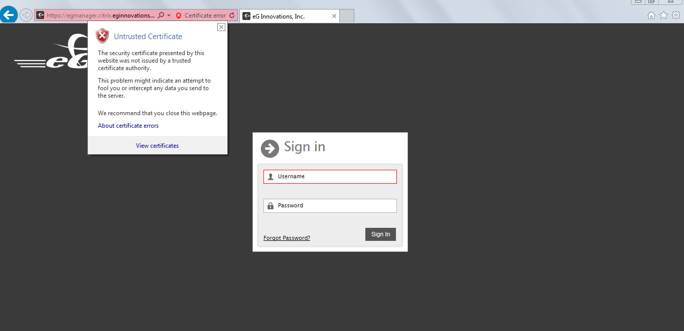 Certificate error reported by browser