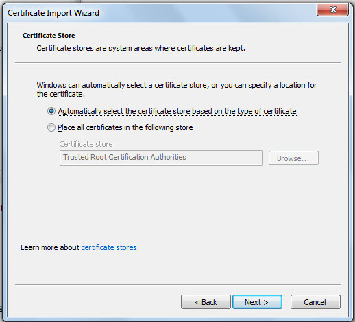 Selecting location for placing certificate in specific store