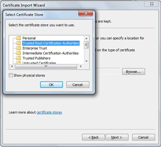 Storing certificate in Trusted Root Certificate Authorities store