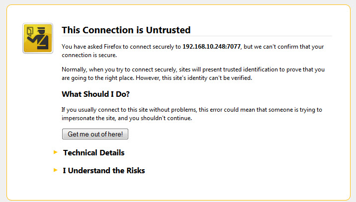 Error message alert when connecting to eG manager using self-signed SSL certificate