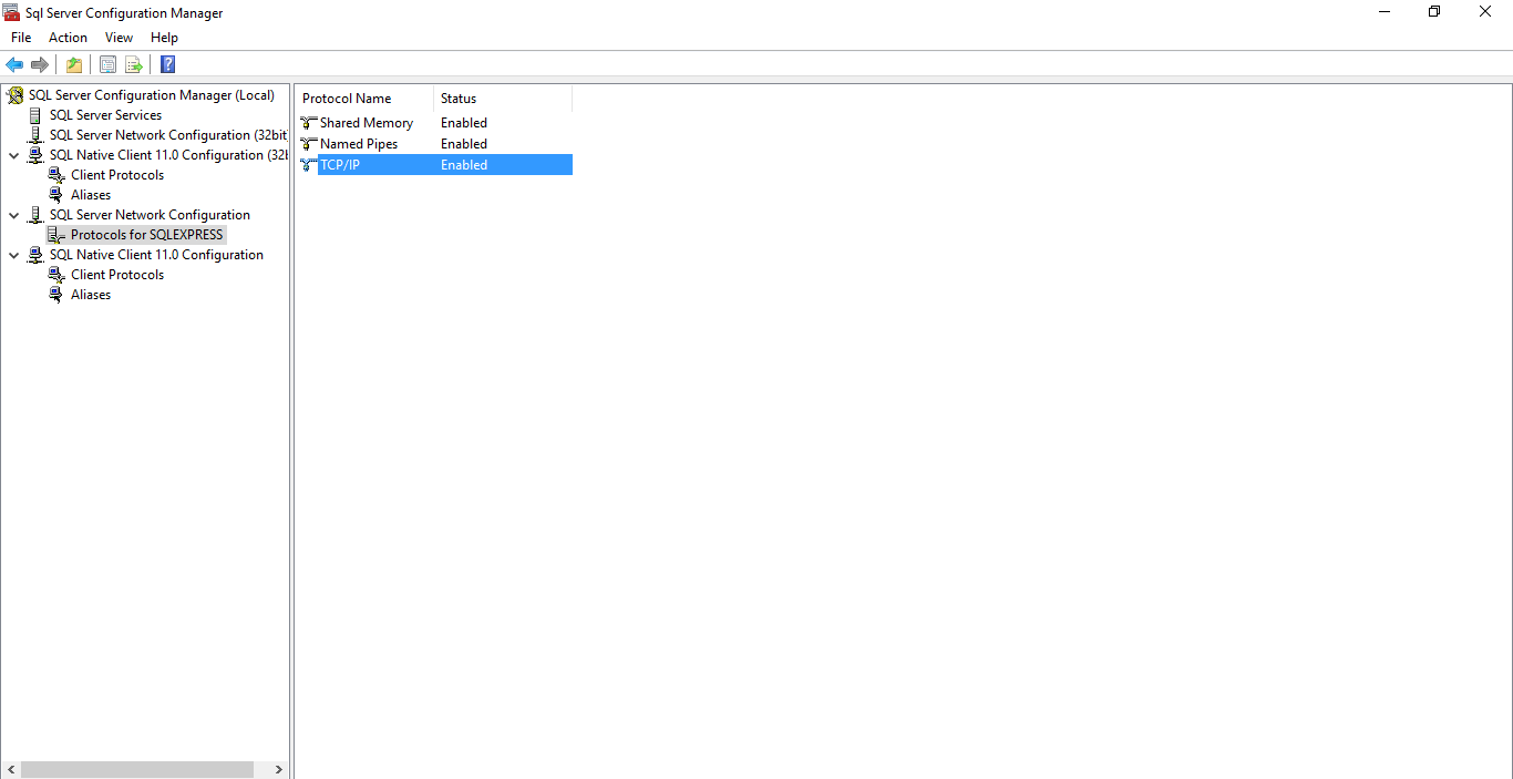 Network protocols supported by selected SQL server instance