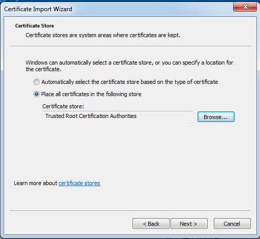 Selecting location to place all certificate files in Windows trust store