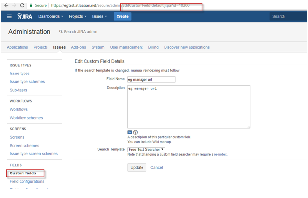 Identifying ID for eG manager URL custom field