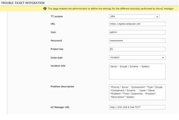 Appearance of custom field in Trouble Ticket Integration page for Jira in eG Admin interface